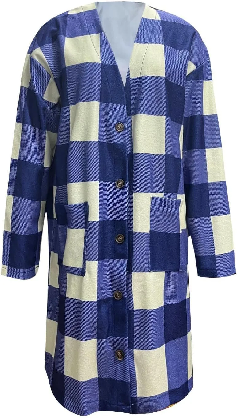 Womens Plaid Jacket Long Flannel Shirt Casual Lapel Button Down Flannel Trench Coat