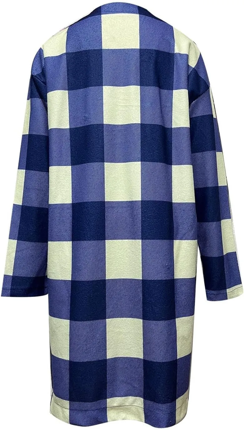 Womens Plaid Jacket Long Flannel Shirt Casual Lapel Button Down Flannel Trench Coat