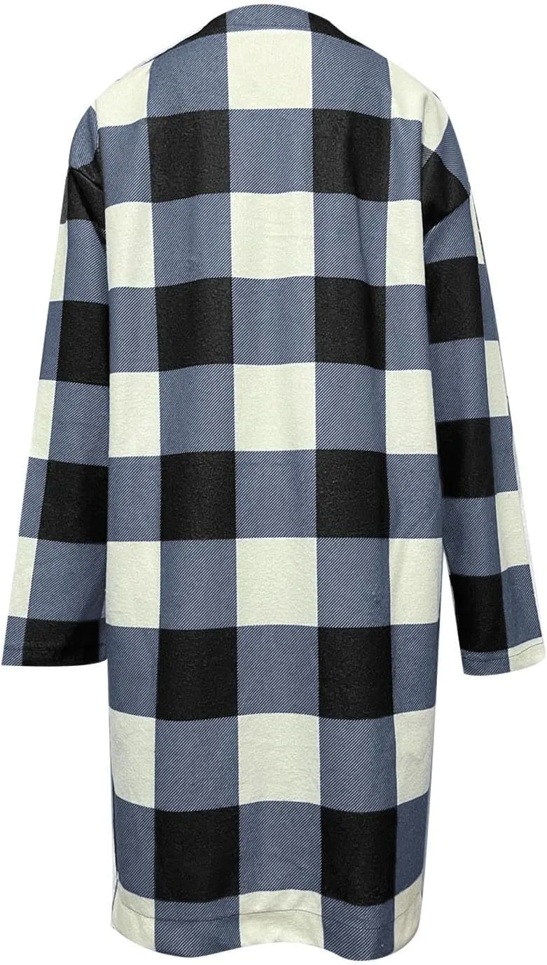 Womens Plaid Jacket Long Flannel Shirt Casual Lapel Button Down Flannel Trench Coat