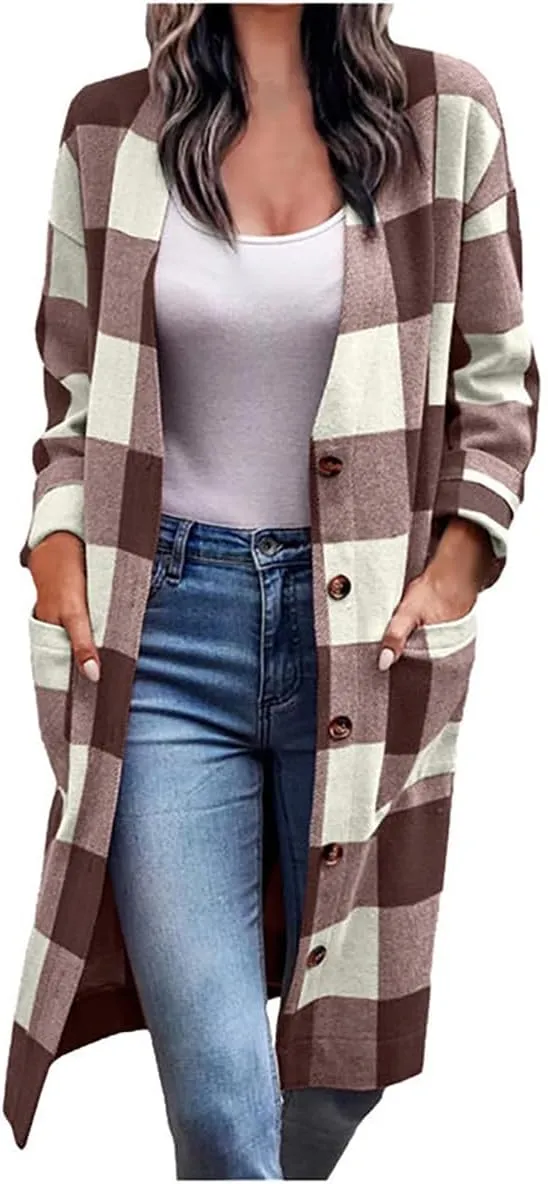 Womens Plaid Jacket Long Flannel Shirt Casual Lapel Button Down Flannel Trench Coat