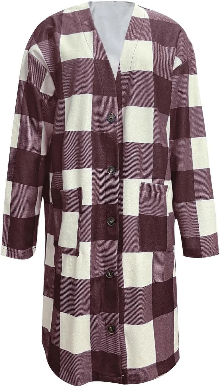 Womens Plaid Jacket Long Flannel Shirt Casual Lapel Button Down Flannel Trench Coat