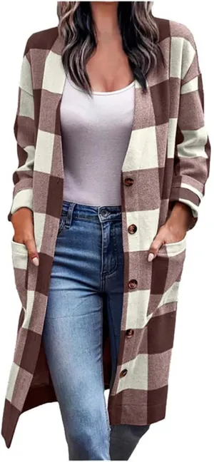 Womens Plaid Jacket Long Flannel Shirt Casual Lapel Button Down Flannel Trench Coat