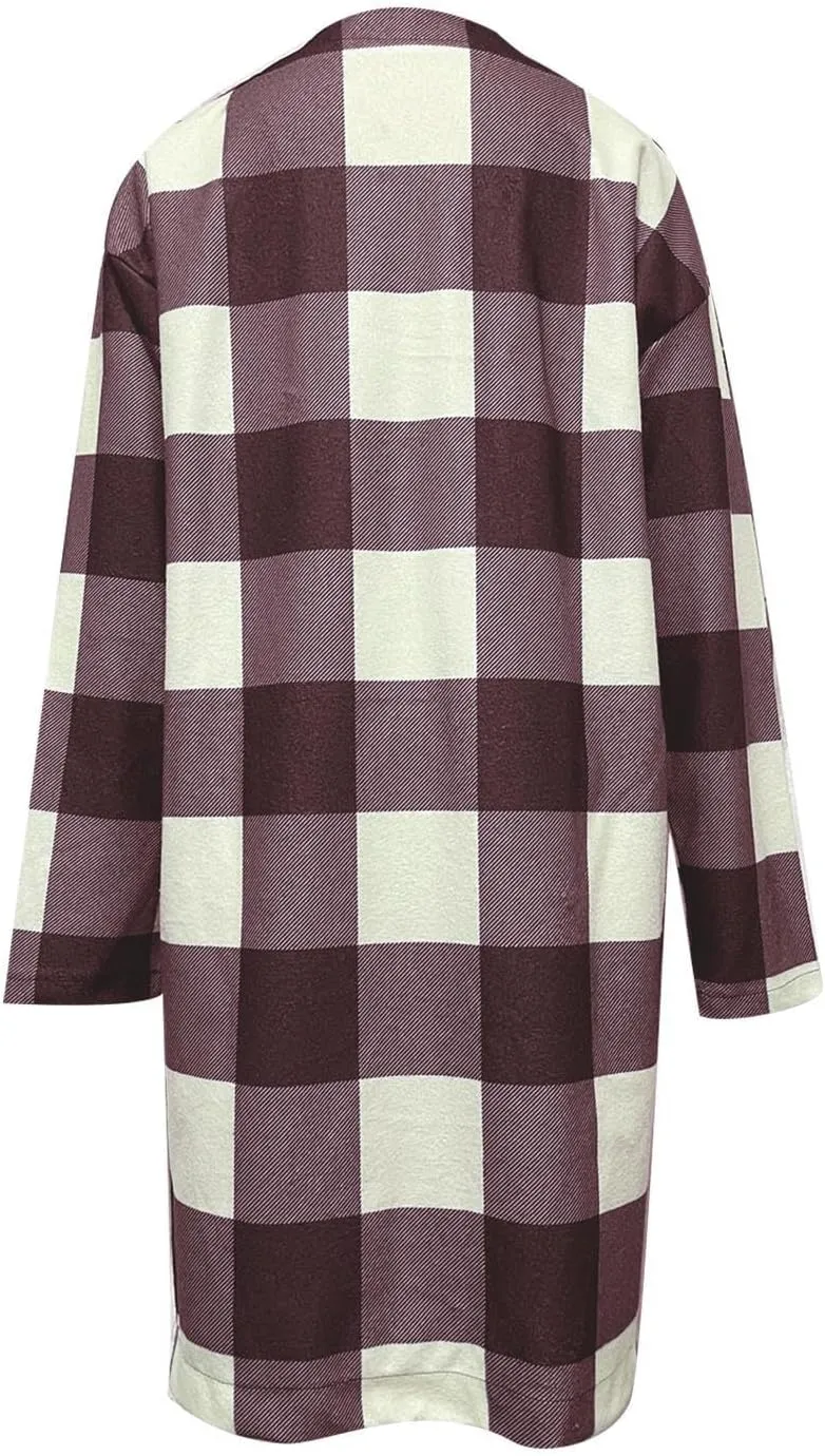 Womens Plaid Jacket Long Flannel Shirt Casual Lapel Button Down Flannel Trench Coat