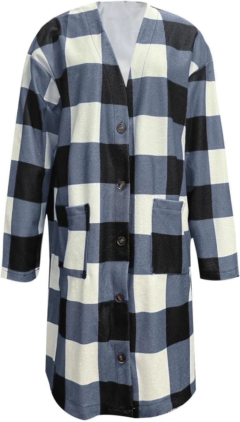 Womens Plaid Jacket Long Flannel Shirt Casual Lapel Button Down Flannel Trench Coat