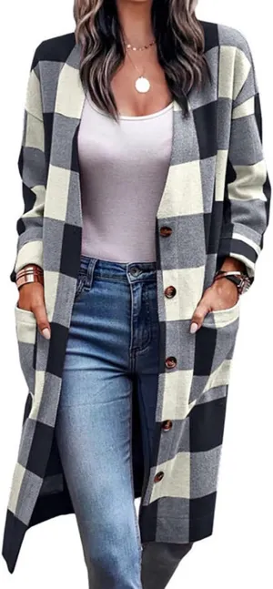 Womens Plaid Jacket Long Flannel Shirt Casual Lapel Button Down Flannel Trench Coat