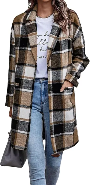 Women's Plaid Shacket Jacket Casual Button Wool Blend Winter Tartan Trench Coat With Pockets