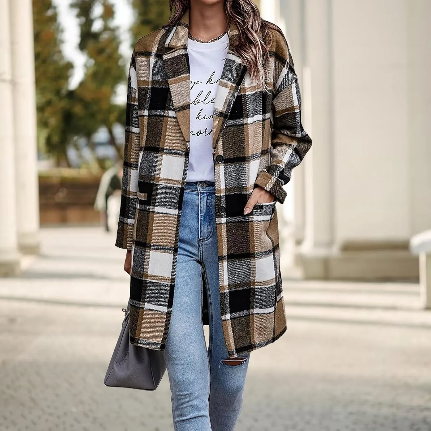 Women's Plaid Shacket Jacket Casual Button Wool Blend Winter Tartan Trench Coat With Pockets