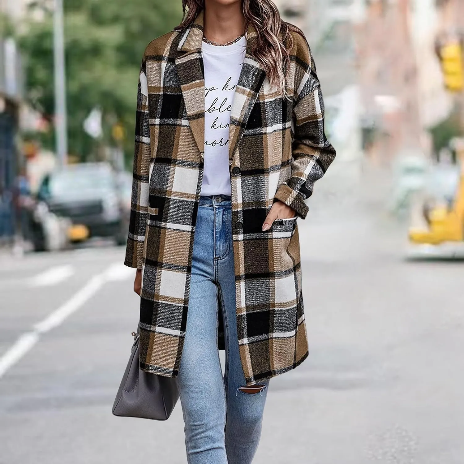 Women's Plaid Shacket Jacket Casual Button Wool Blend Winter Tartan Trench Coat With Pockets