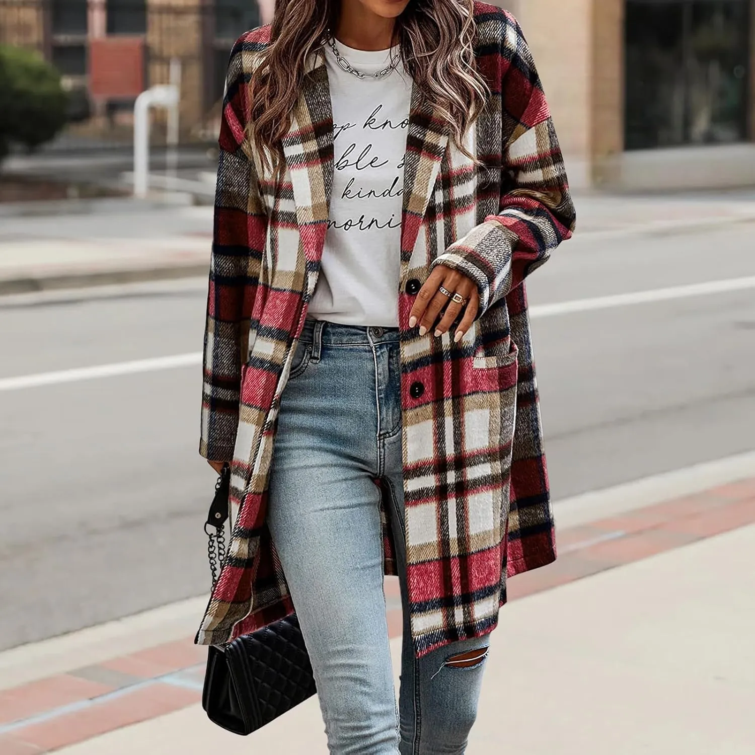 Women's Plaid Shacket Jacket Casual Button Wool Blend Winter Tartan Trench Coat With Pockets