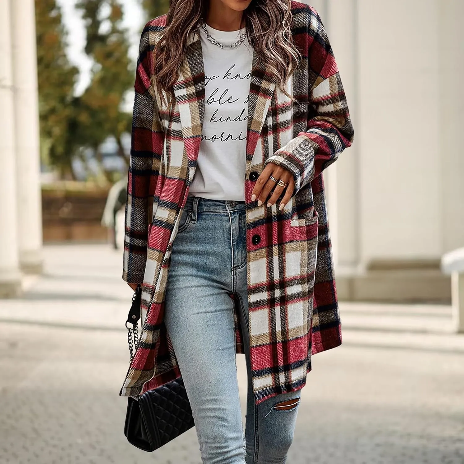 Women's Plaid Shacket Jacket Casual Button Wool Blend Winter Tartan Trench Coat With Pockets