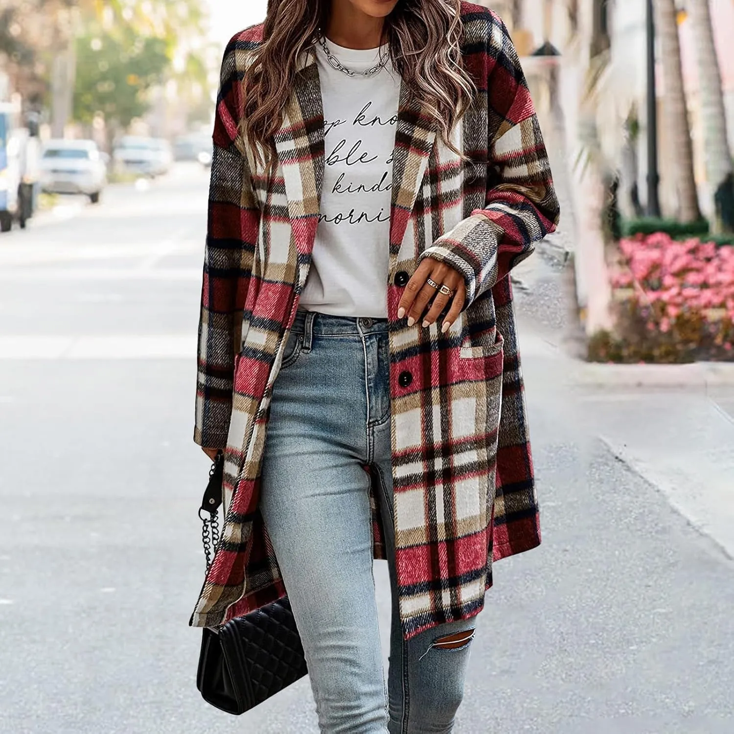 Women's Plaid Shacket Jacket Casual Button Wool Blend Winter Tartan Trench Coat With Pockets