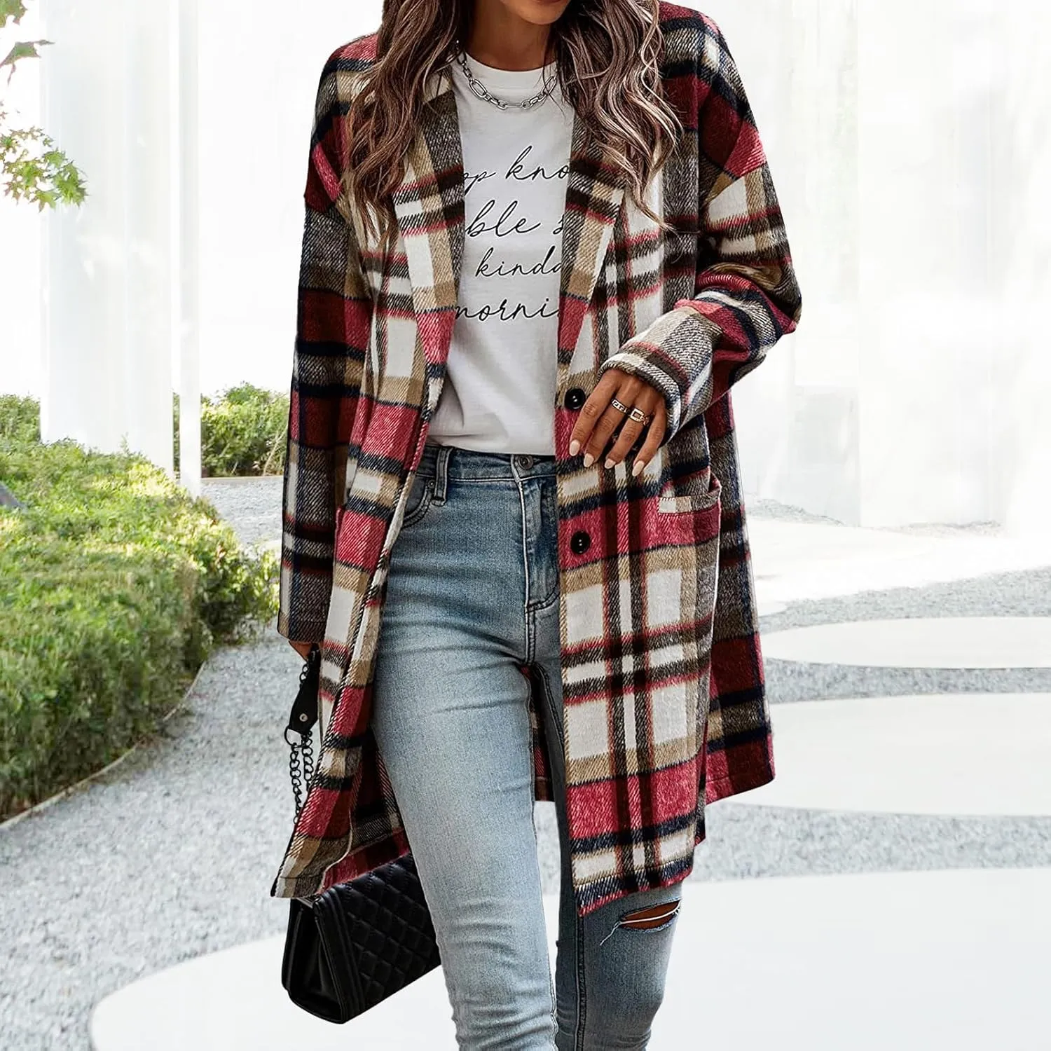 Women's Plaid Shacket Jacket Casual Button Wool Blend Winter Tartan Trench Coat With Pockets
