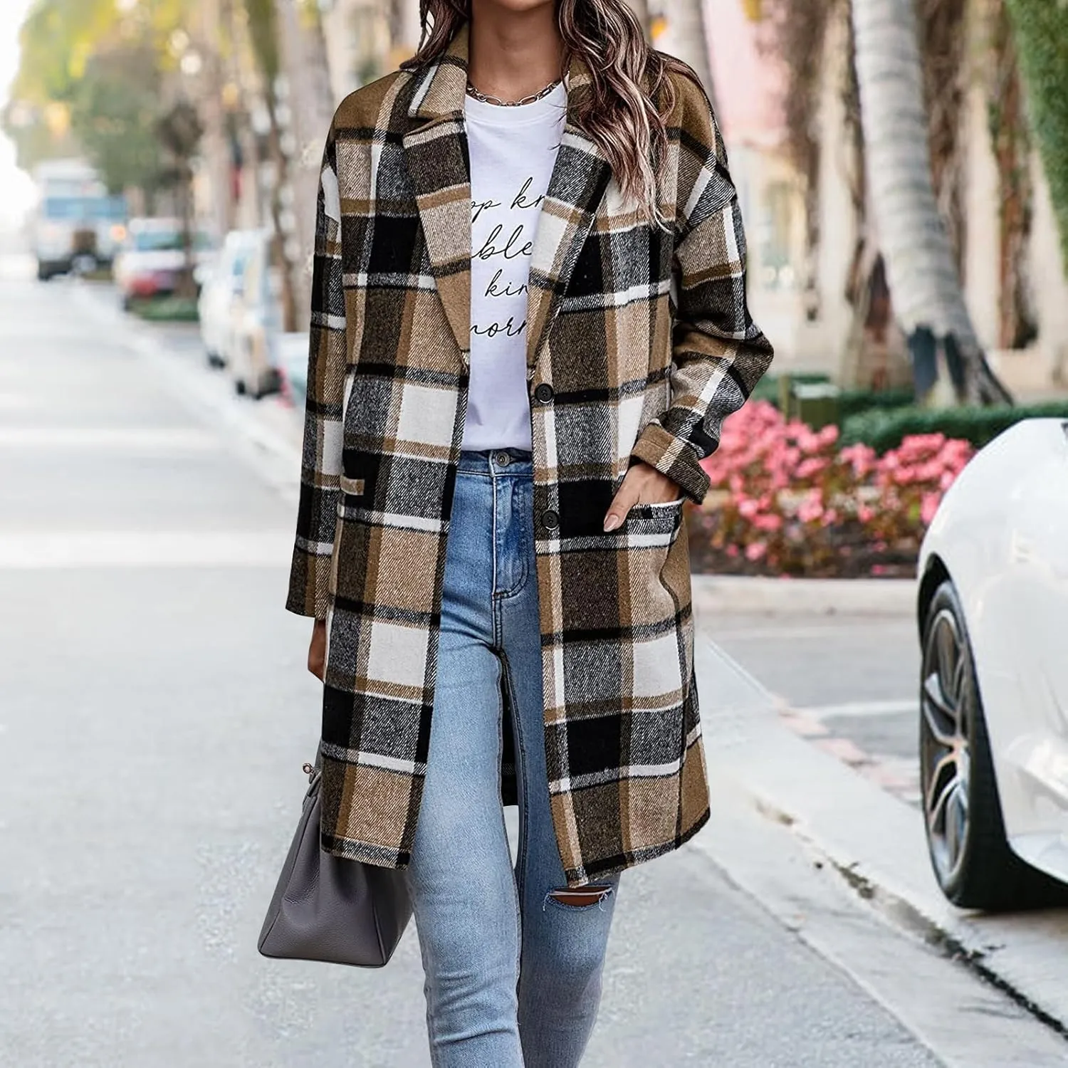 Women's Plaid Shacket Jacket Casual Button Wool Blend Winter Tartan Trench Coat With Pockets
