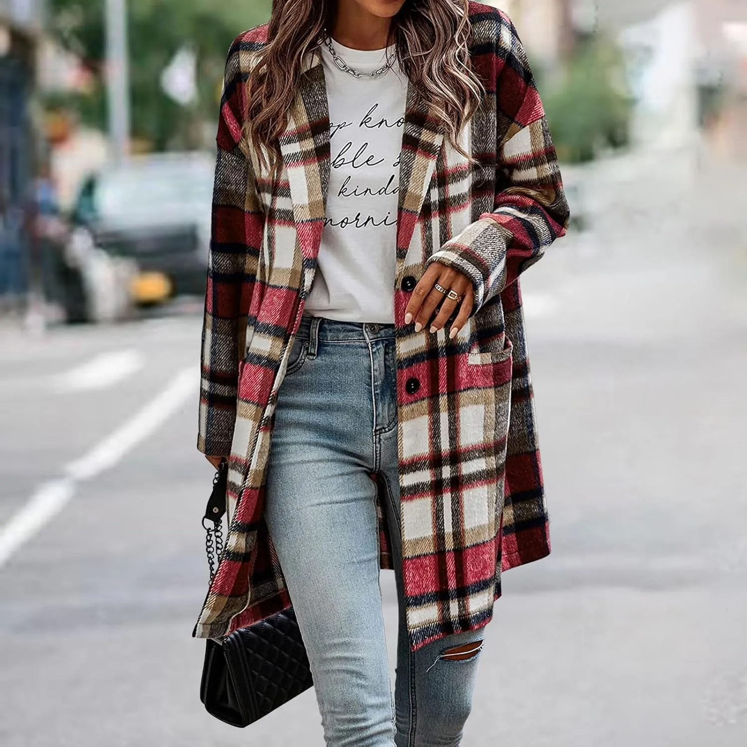Women's Plaid Shacket Jacket Casual Button Wool Blend Winter Tartan Trench Coat With Pockets