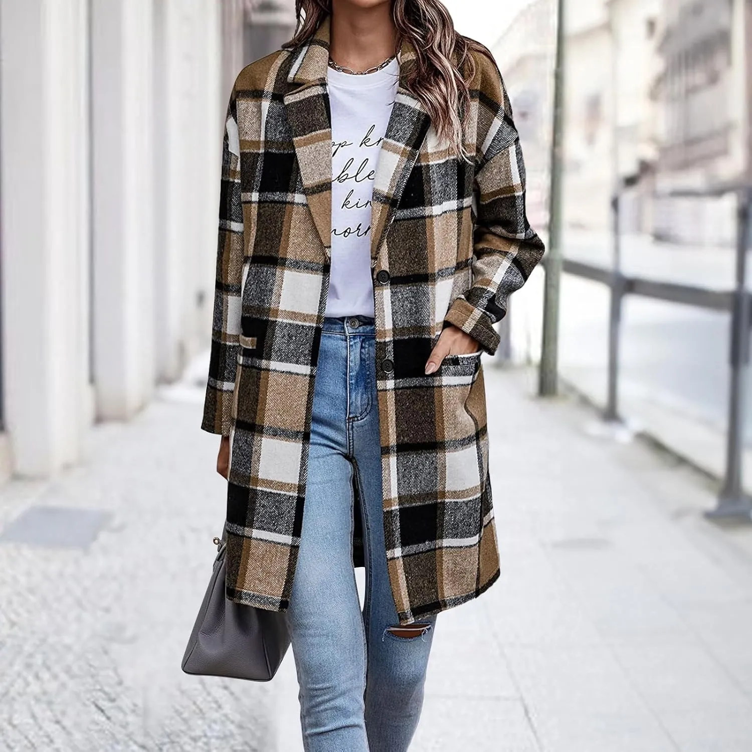Women's Plaid Shacket Jacket Casual Button Wool Blend Winter Tartan Trench Coat With Pockets
