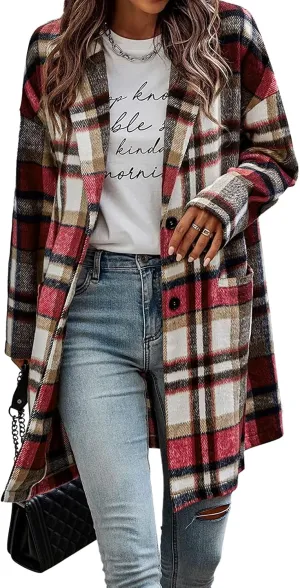 Women's Plaid Shacket Jacket Casual Button Wool Blend Winter Tartan Trench Coat With Pockets