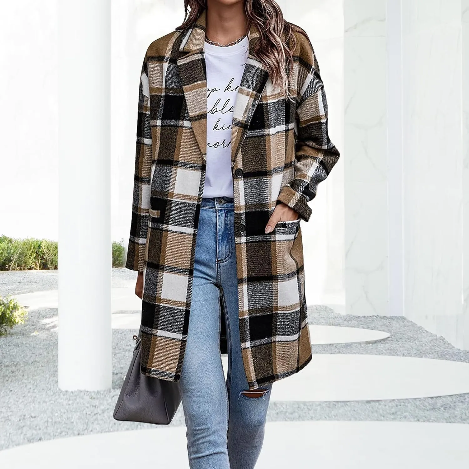 Women's Plaid Shacket Jacket Casual Button Wool Blend Winter Tartan Trench Coat With Pockets