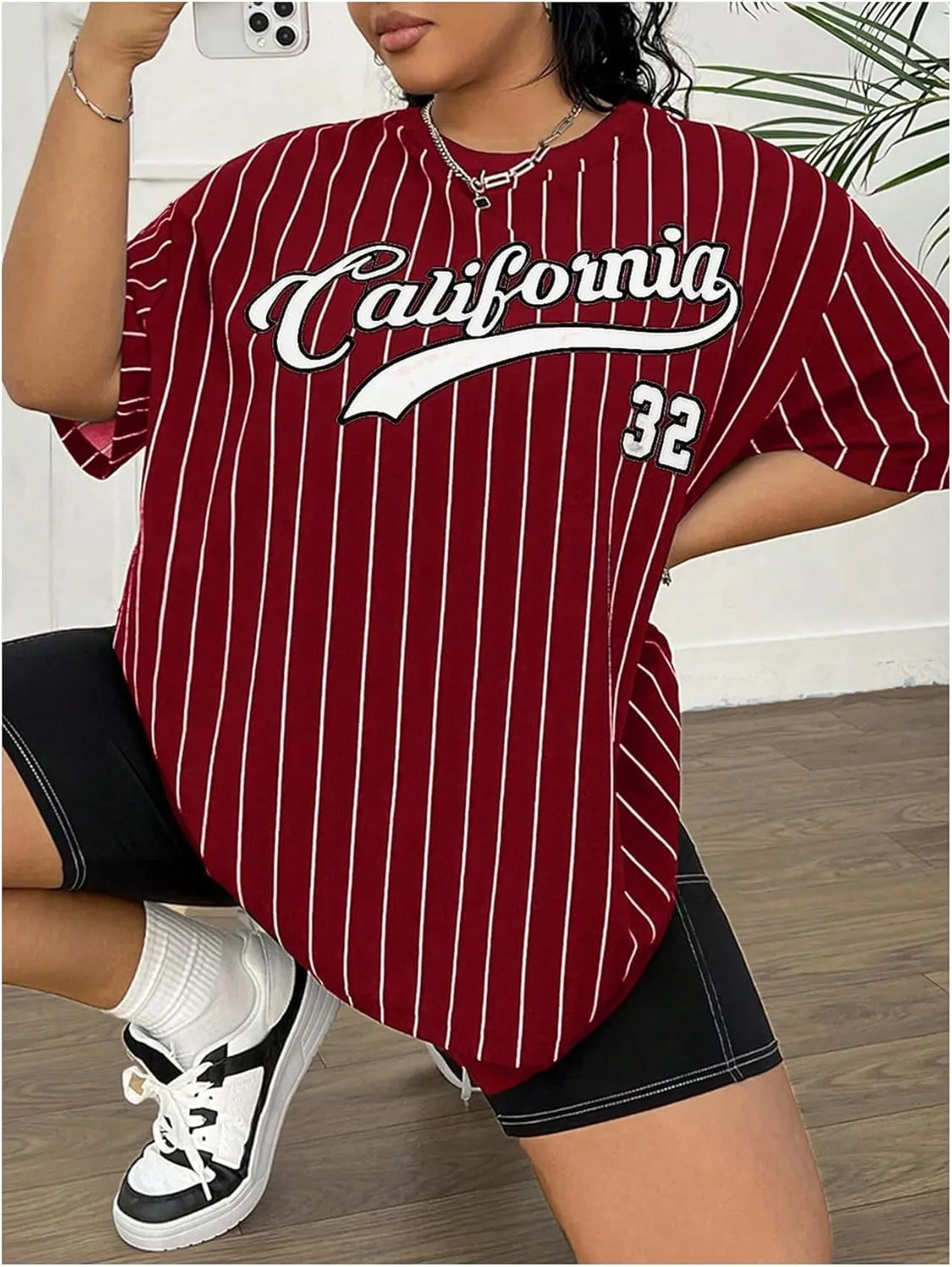 Women's Plus Size Graphic Tee Tops Striped Short Sleeve Crew Neck Oversized T Shirt