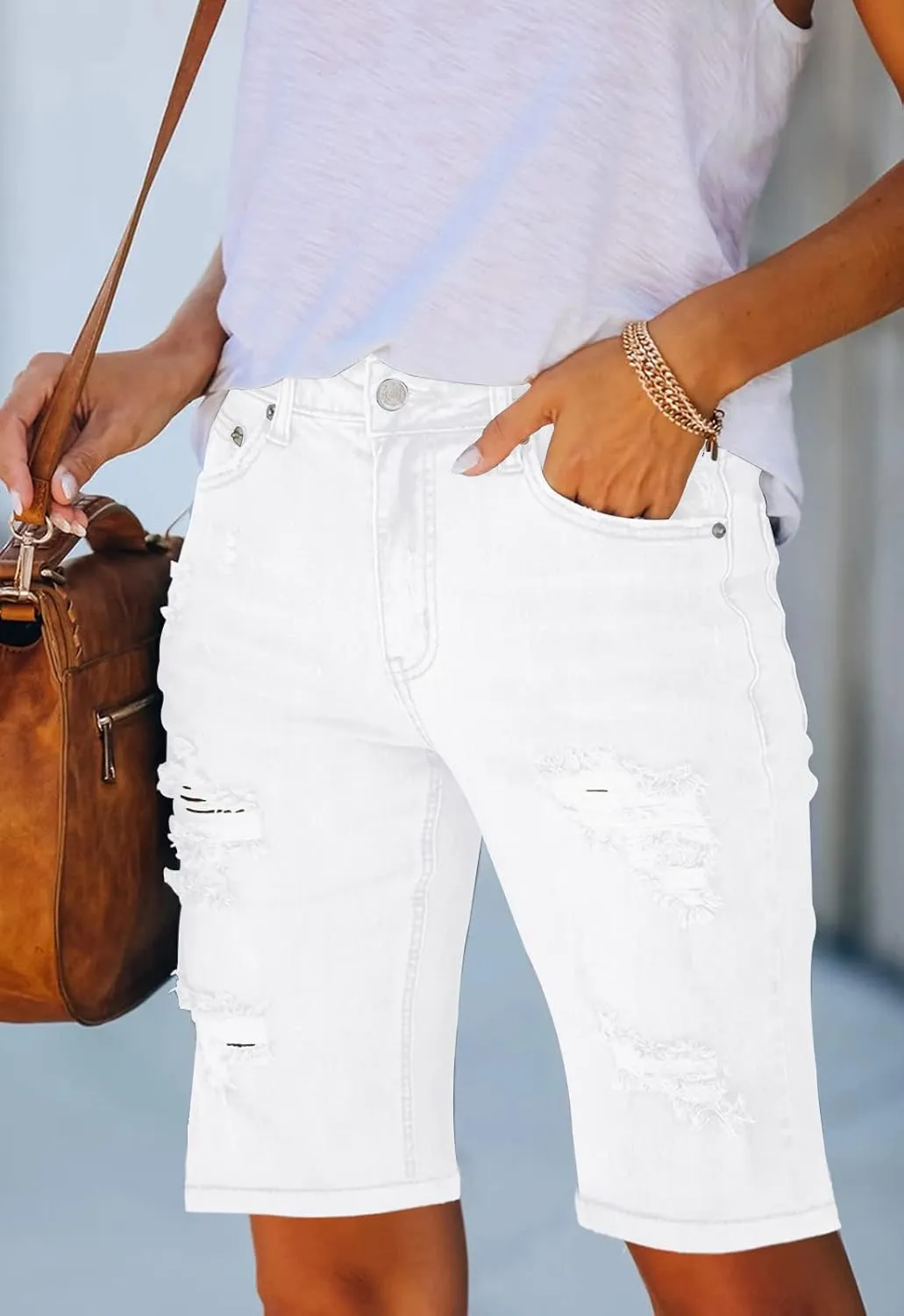 Women's Ripped Mid-Rise Denim Bermuda Shorts Frayed Raw Hem Stretch Jean Shorts