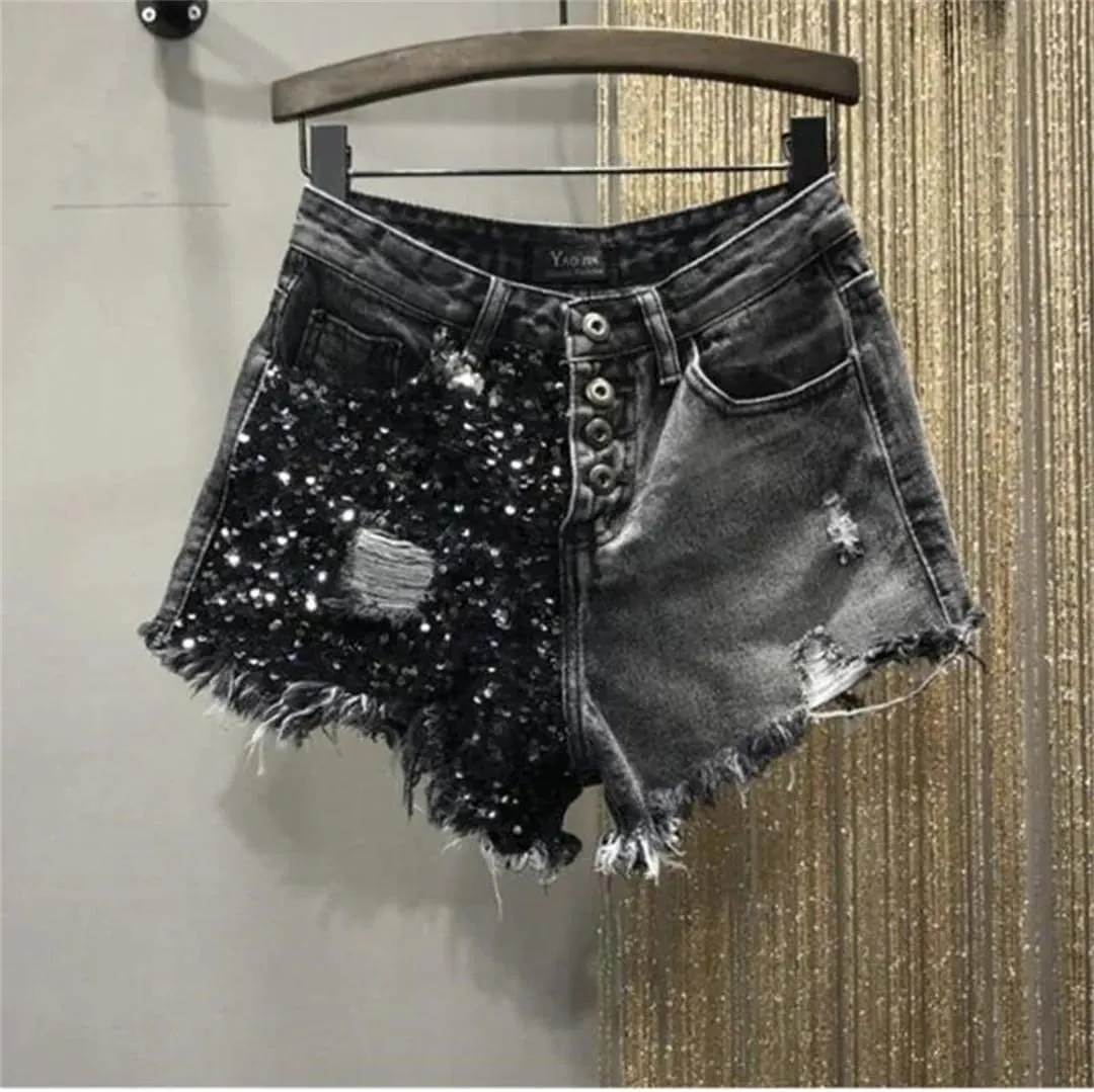 Women's Sequin Denim Shorts High Waist Hole Patchwork Shorts A-Line Hot Pants