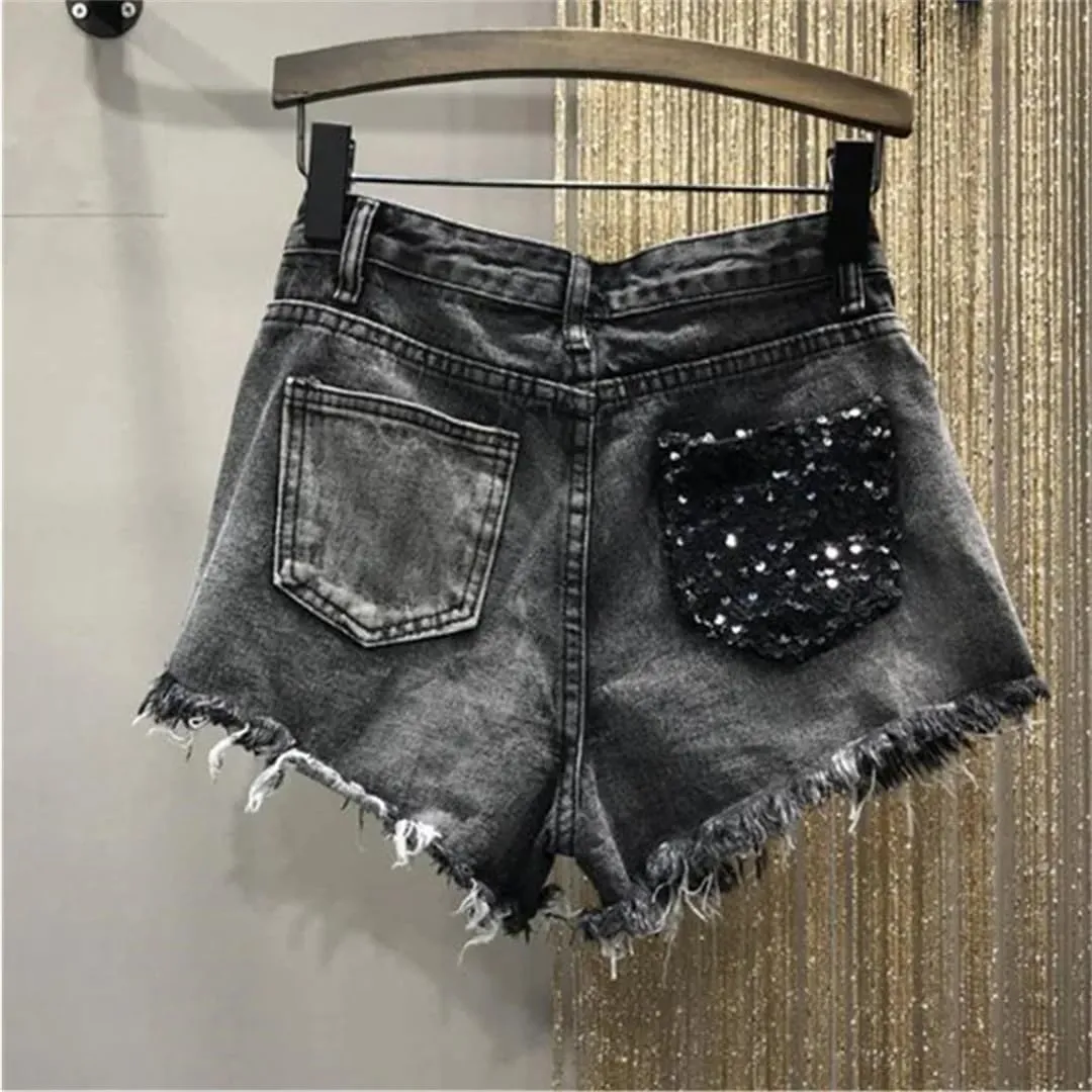 Women's Sequin Denim Shorts High Waist Hole Patchwork Shorts A-Line Hot Pants