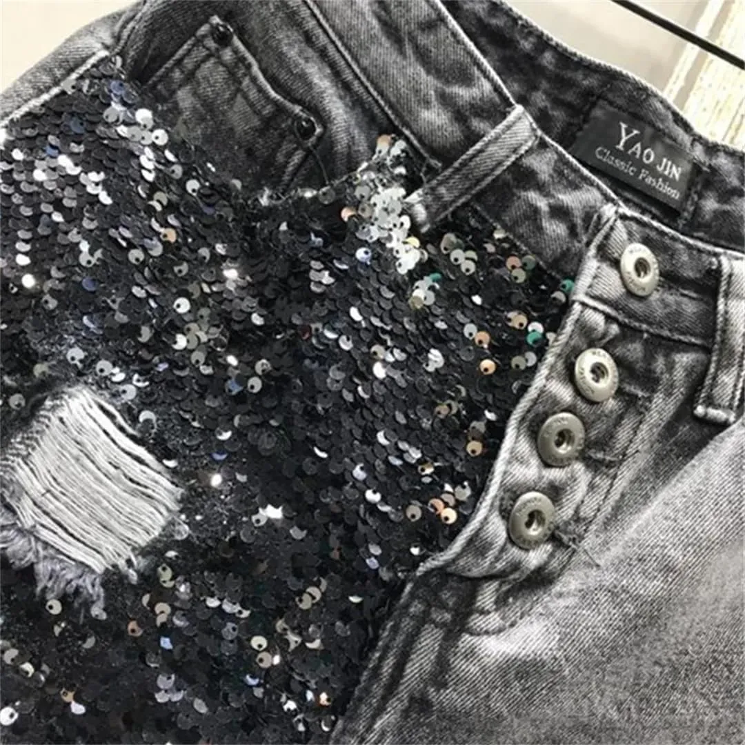 Women's Sequin Denim Shorts High Waist Hole Patchwork Shorts A-Line Hot Pants