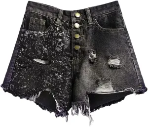 Women's Sequin Denim Shorts High Waist Hole Patchwork Shorts A-Line Hot Pants
