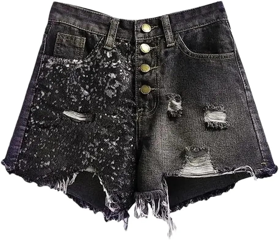 Women's Sequin Denim Shorts High Waist Hole Patchwork Shorts A-Line Hot Pants
