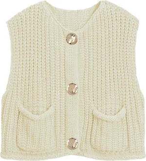 Women's Sleeveless Chunky Knit Top Casual Cropped Button Down Sweater Vest Open Front Cardigan with Pockets
