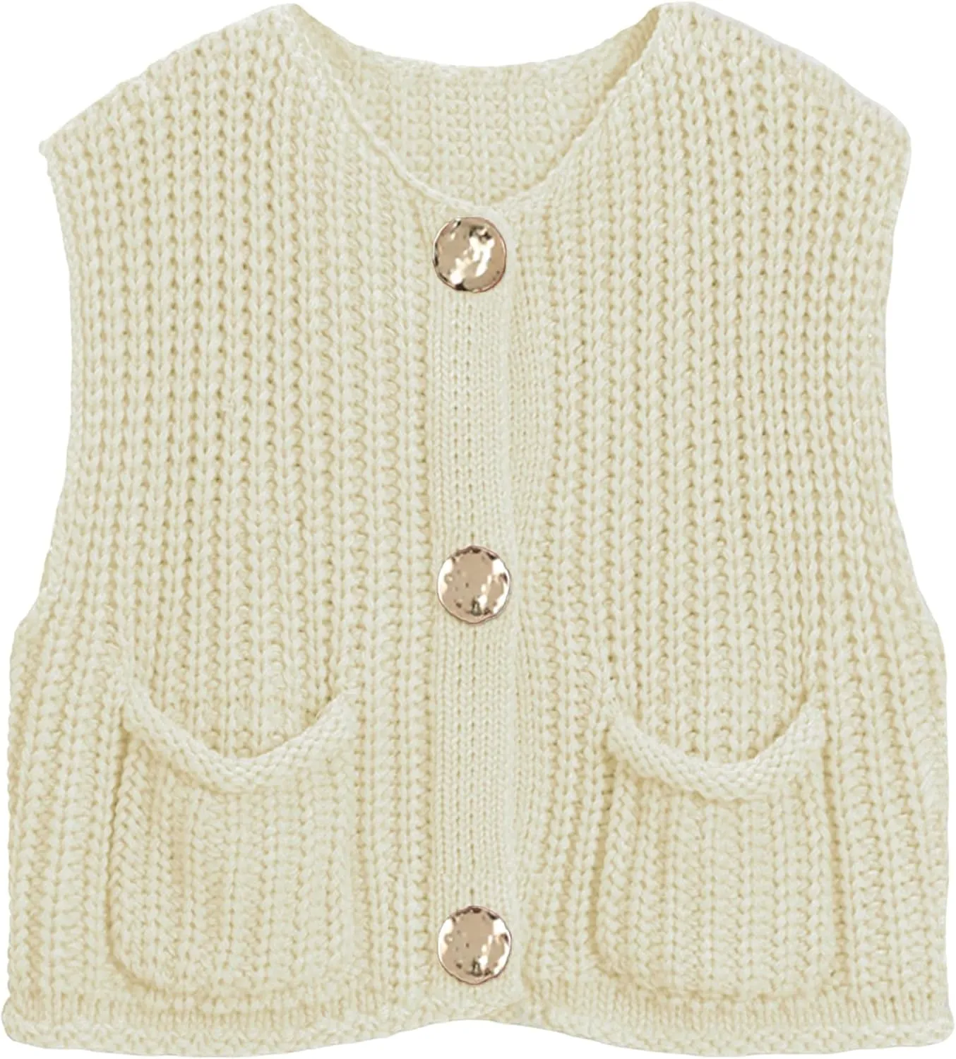 Women's Sleeveless Chunky Knit Top Casual Cropped Button Down Sweater Vest Open Front Cardigan with Pockets