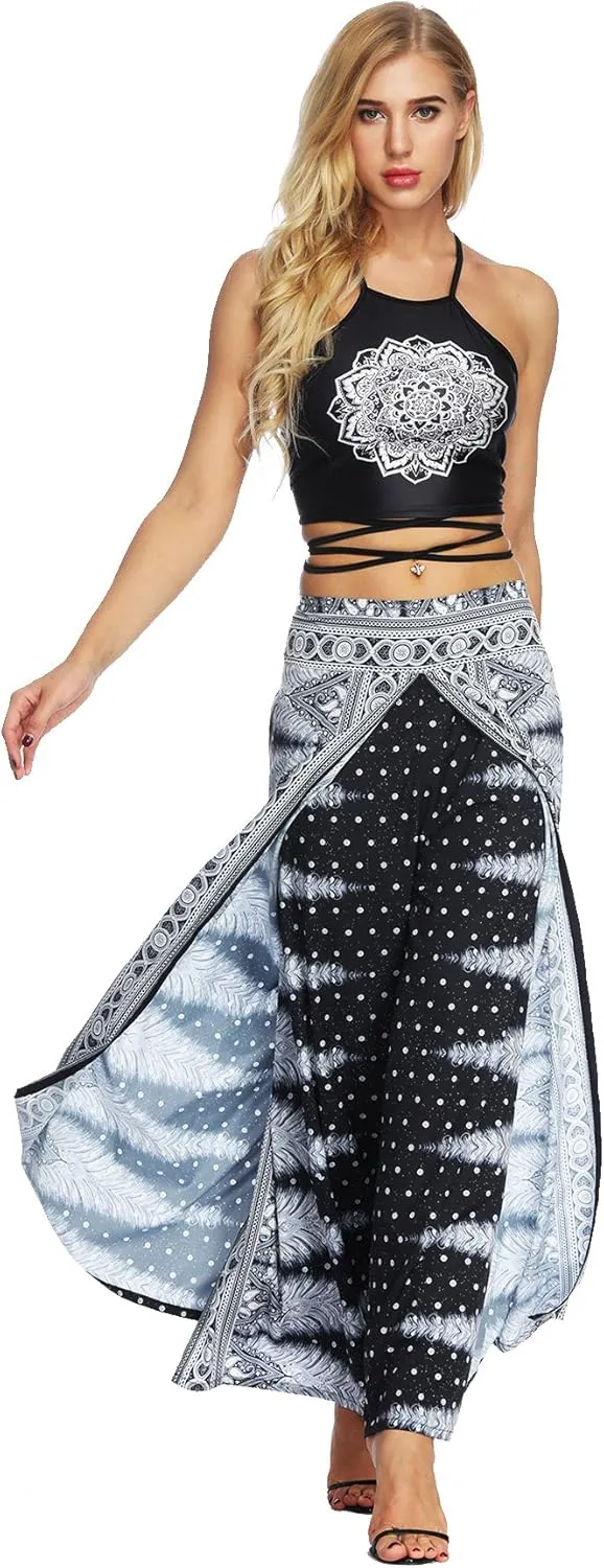Womens Slit Wide Leg Pants Causal Hippie Bohemian Summer Beach Boho Yoga Pants