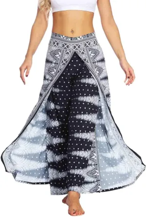 Womens Slit Wide Leg Pants Causal Hippie Bohemian Summer Beach Boho Yoga Pants