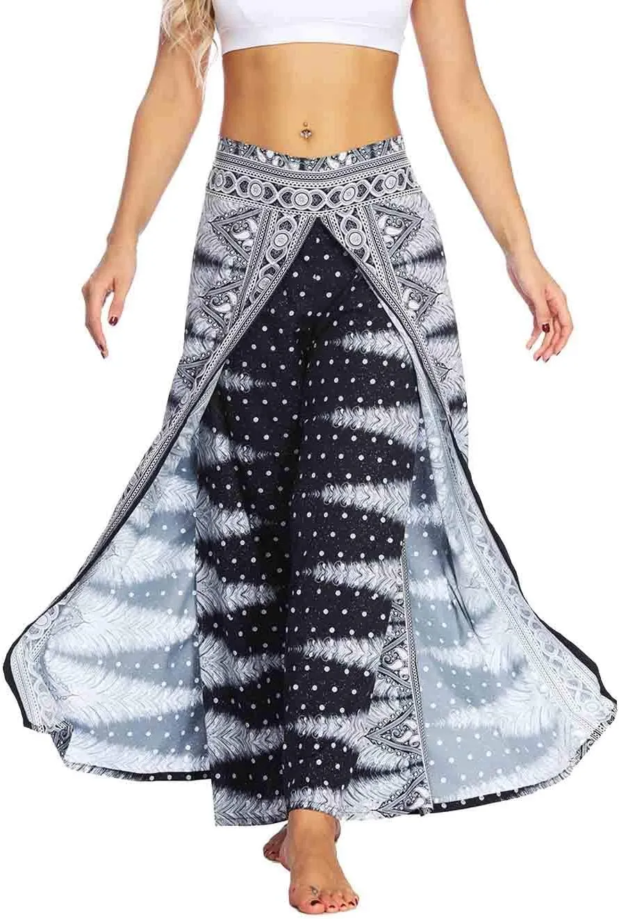 Womens Slit Wide Leg Pants Causal Hippie Bohemian Summer Beach Boho Yoga Pants
