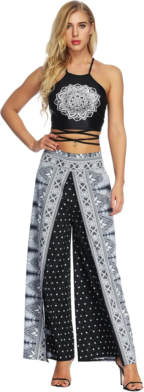 Womens Slit Wide Leg Pants Causal Hippie Bohemian Summer Beach Boho Yoga Pants