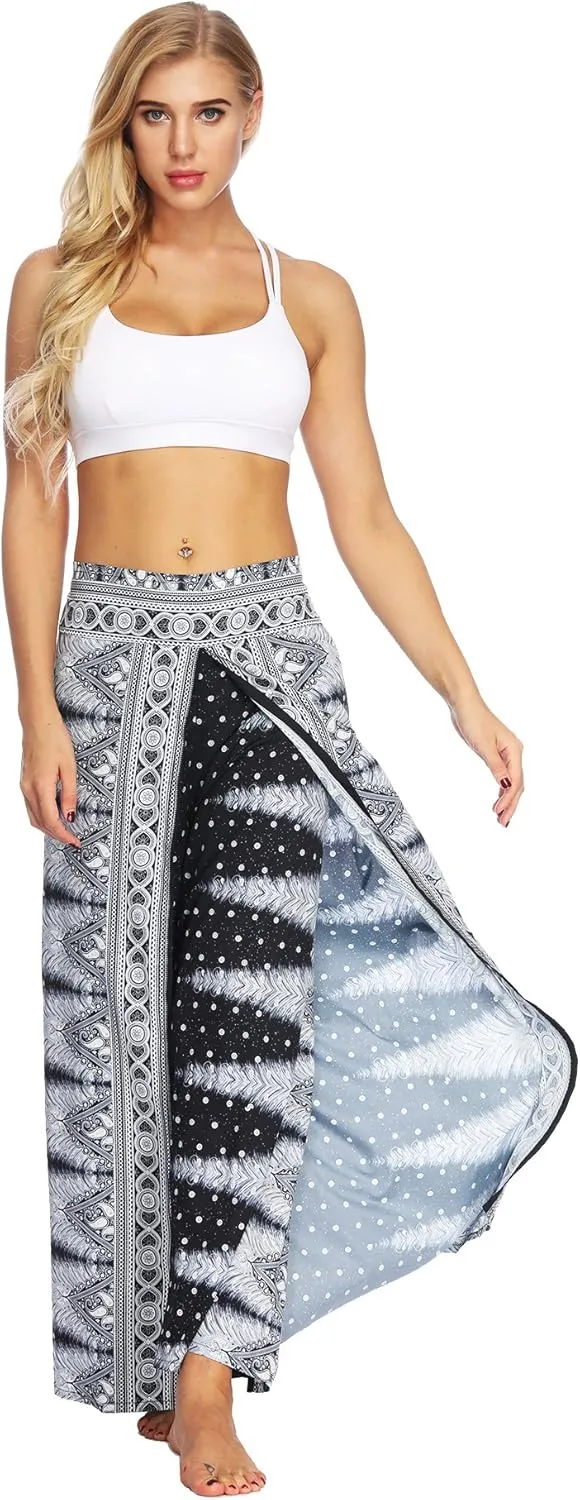 Womens Slit Wide Leg Pants Causal Hippie Bohemian Summer Beach Boho Yoga Pants
