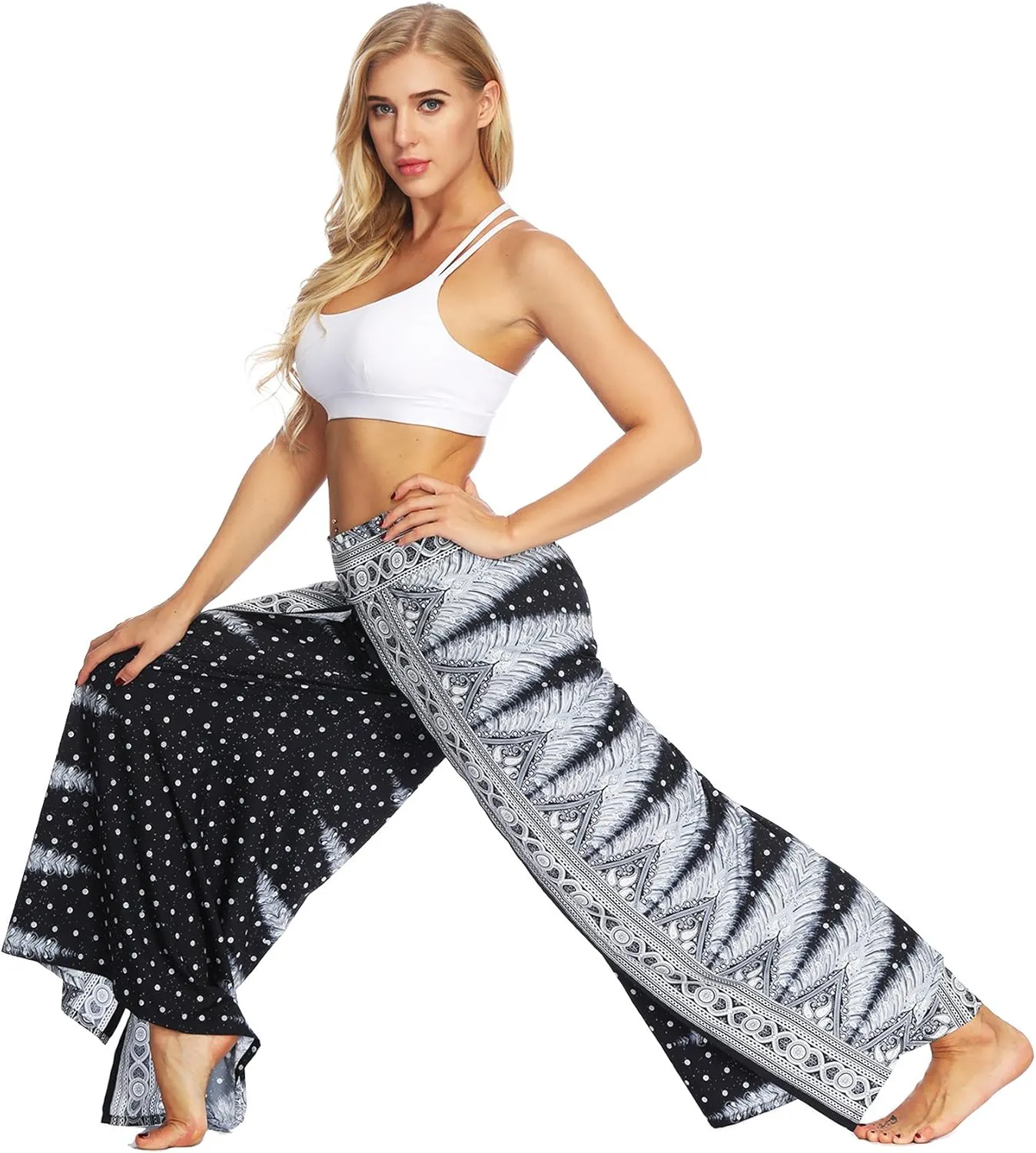 Womens Slit Wide Leg Pants Causal Hippie Bohemian Summer Beach Boho Yoga Pants