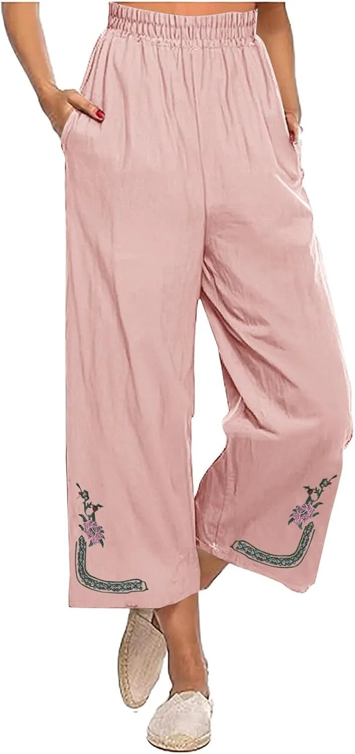 Womens Summer Linen Pants Pleated Boho High Waist Pant Floral Print Wide Leg Pants Palazzo Flowy Beach Pant Loose Fit