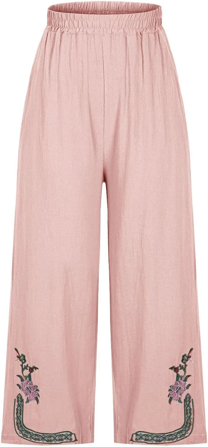 Womens Summer Linen Pants Pleated Boho High Waist Pant Floral Print Wide Leg Pants Palazzo Flowy Beach Pant Loose Fit