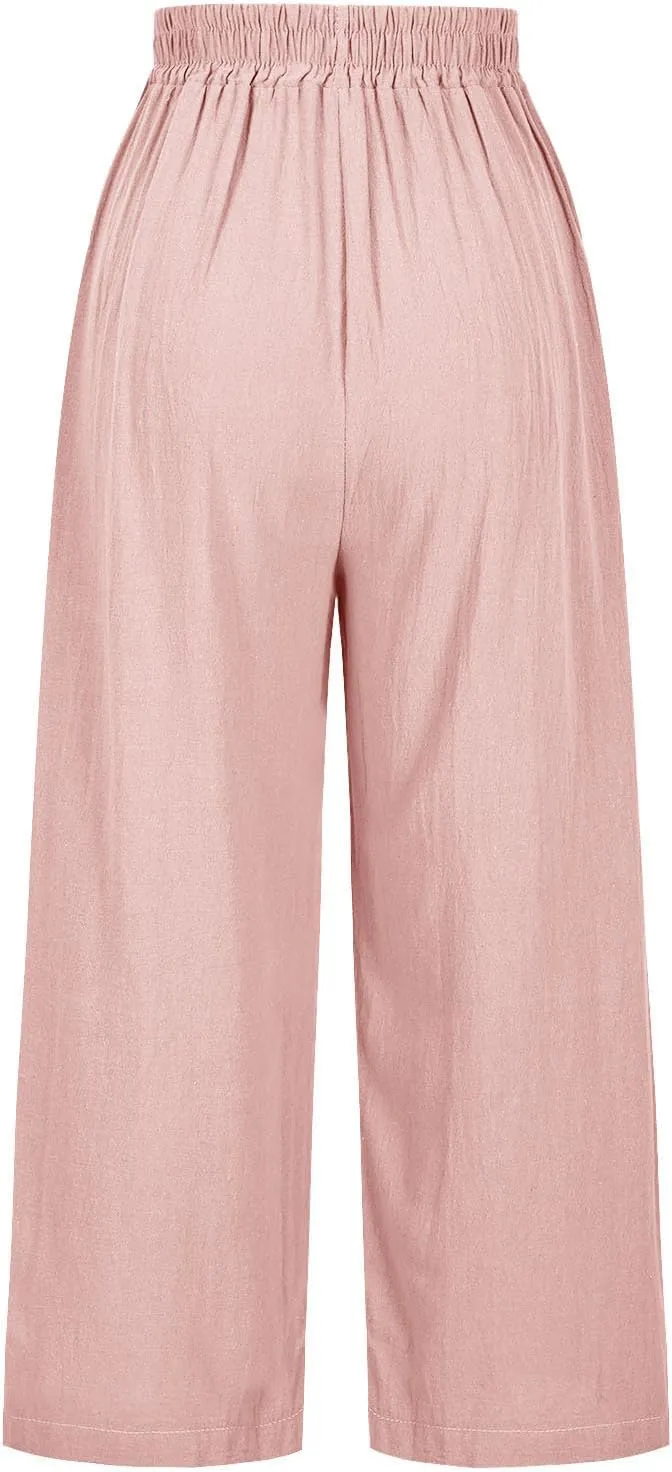 Womens Summer Linen Pants Pleated Boho High Waist Pant Floral Print Wide Leg Pants Palazzo Flowy Beach Pant Loose Fit