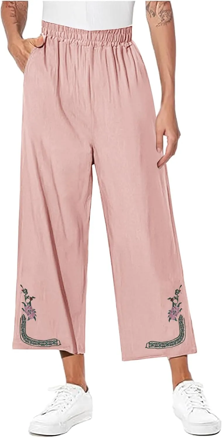 Womens Summer Linen Pants Pleated Boho High Waist Pant Floral Print Wide Leg Pants Palazzo Flowy Beach Pant Loose Fit