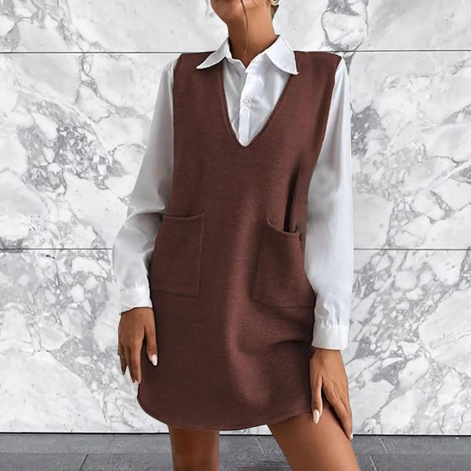 Womens Sweater Vest Dress Sleeveless V Neck Solid Color Wool Medium Sweater Dress Dual Pocket Straight Dresses
