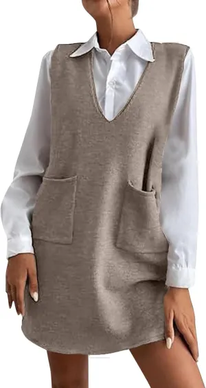 Womens Sweater Vest Dress Sleeveless V Neck Solid Color Wool Medium Sweater Dress Dual Pocket Straight Dresses