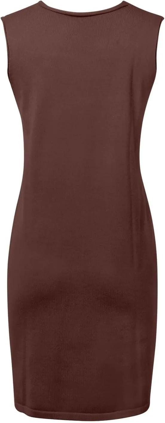 Womens Sweater Vest Dress Sleeveless V Neck Solid Color Wool Medium Sweater Dress Dual Pocket Straight Dresses