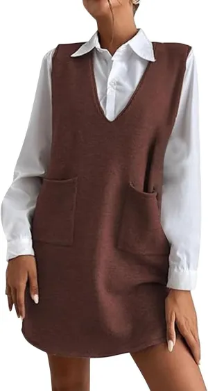 Womens Sweater Vest Dress Sleeveless V Neck Solid Color Wool Medium Sweater Dress Dual Pocket Straight Dresses