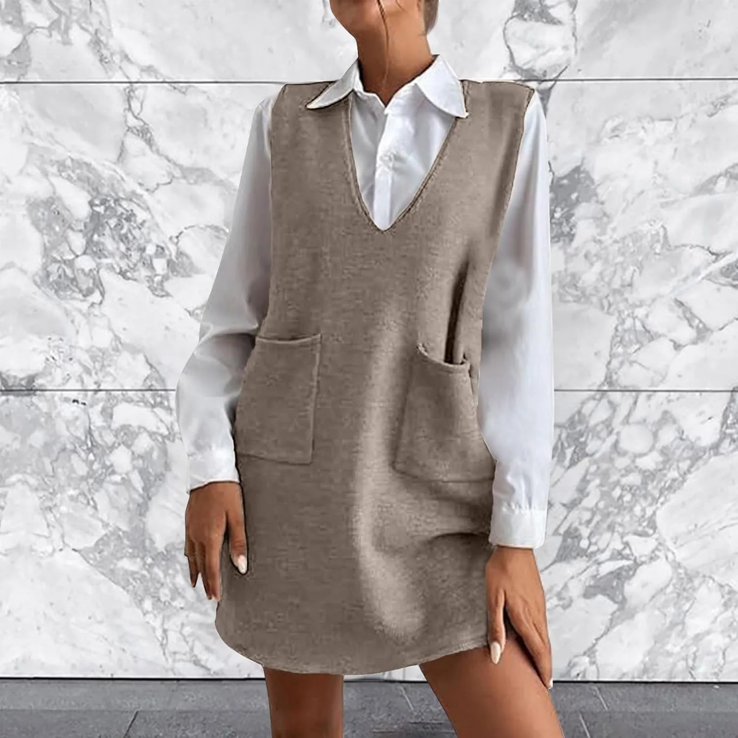 Womens Sweater Vest Dress Sleeveless V Neck Solid Color Wool Medium Sweater Dress Dual Pocket Straight Dresses