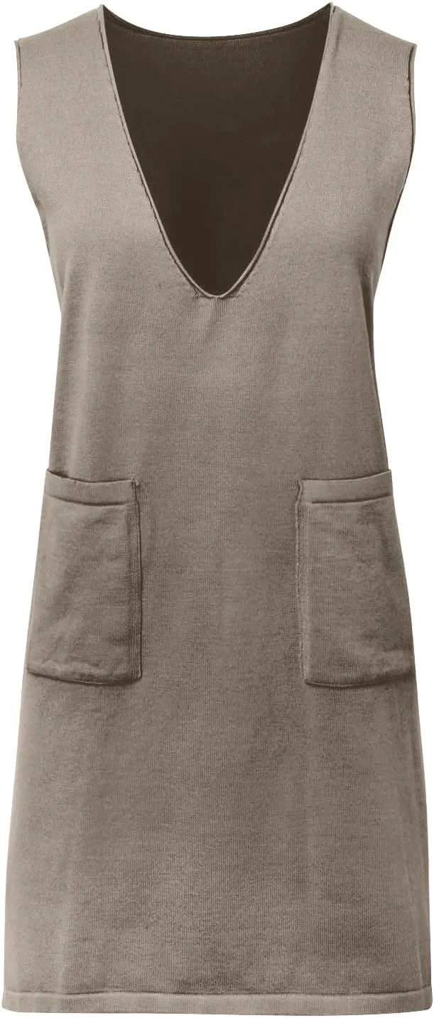 Womens Sweater Vest Dress Sleeveless V Neck Solid Color Wool Medium Sweater Dress Dual Pocket Straight Dresses