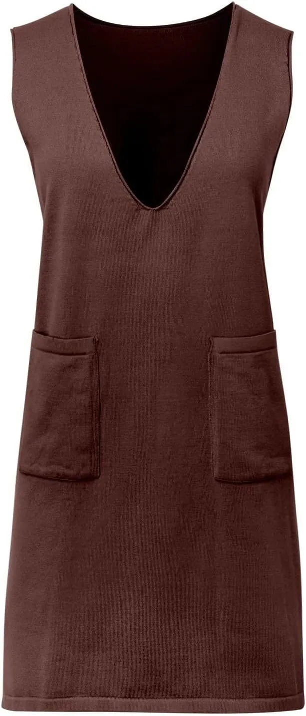 Womens Sweater Vest Dress Sleeveless V Neck Solid Color Wool Medium Sweater Dress Dual Pocket Straight Dresses
