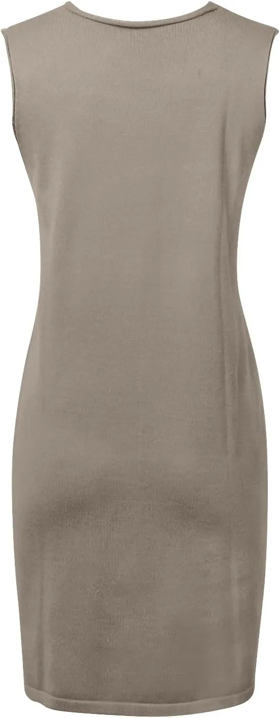 Womens Sweater Vest Dress Sleeveless V Neck Solid Color Wool Medium Sweater Dress Dual Pocket Straight Dresses