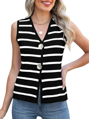 Women's Sweater Vest V Neck Striped Sleeveless Knit Button Down Tank Tops Casual Cropped Sweater Cardigan Vest