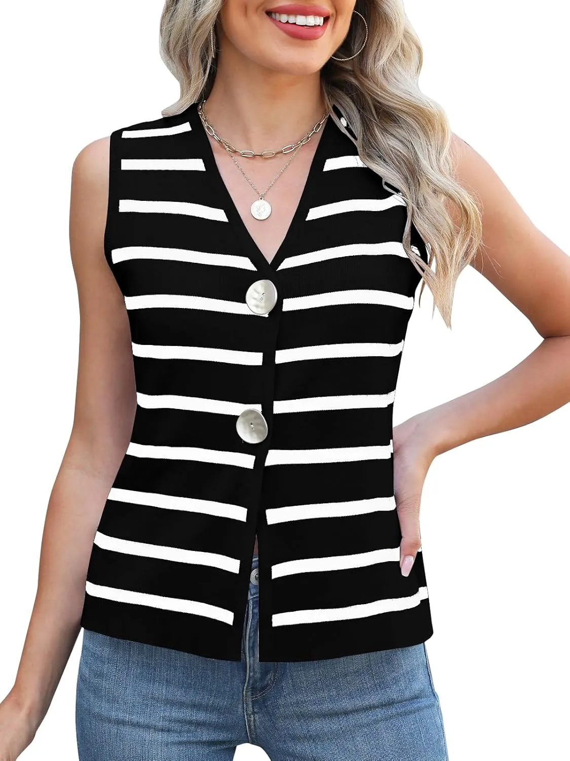 Women's Sweater Vest V Neck Striped Sleeveless Knit Button Down Tank Tops Casual Cropped Sweater Cardigan Vest